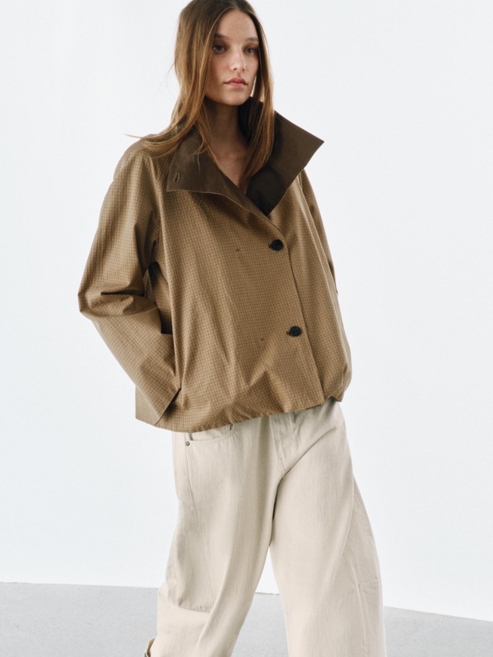 Zara Plaid Bomber Jacket in Light Brown
